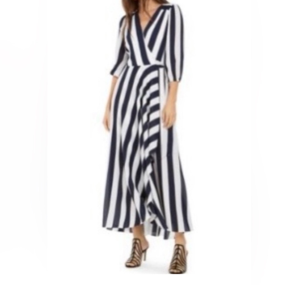 INC International Concepts Elegant Navy and White Stripe Wrap Dress